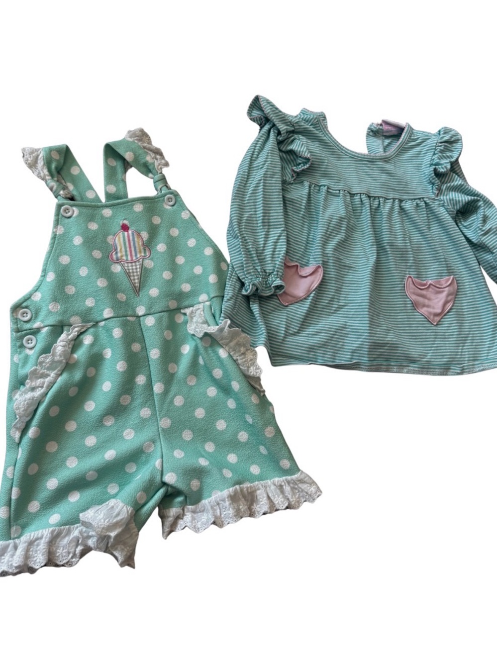 Toddler Girls Mint Polka Dot Overalls & Stripe Top Set